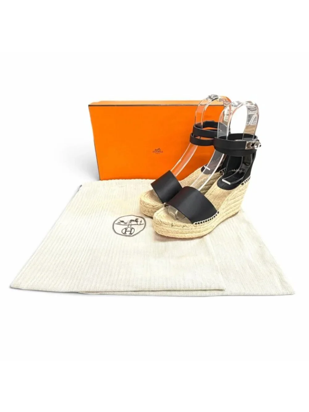 Hermes Tivoli Leather Kelly Buckle Ankle Strap Espadrilles Wedge Sole Sandals